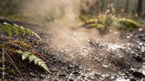 Forest Trail after Rain: Water droplets and a subtle mist linger on a forest trail after a refreshing rain. The image captures the serene beauty of the outdoors.