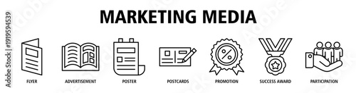 Marketing Media web banner icon vector illustration concept with icons of flyer, advertisement, poster, postcards, promotion, success award, audience participation.