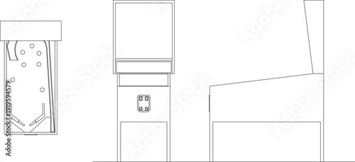 Arcade game machine icons featuring pinball table floor plans, front elevations, and side views for entertainment room design.