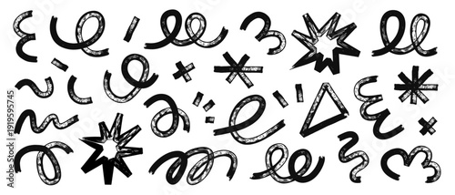 Black hand drawn marker shapes set. Bold abstract doodles, thick brush strokes, swirls 