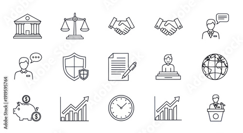 Business Icons Set: Finance, Law, Agreement, Global, Success