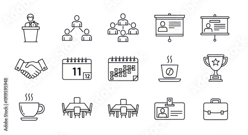 Business Meeting Icons: Presentation, Teamwork, Coffee, Calendar, Trophy, Briefcase