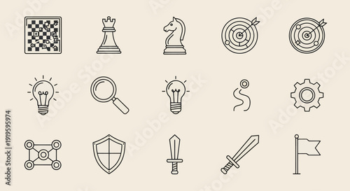 Business Strategy Icons: Chess, Target, Idea Bulb, Magnifying Glass, Gear