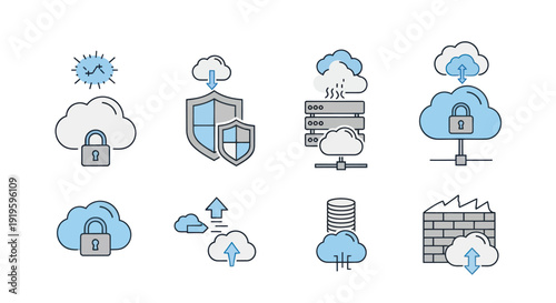 Cloud Computing Security Icons Set: Data Protection, Network, Server, Firewall
