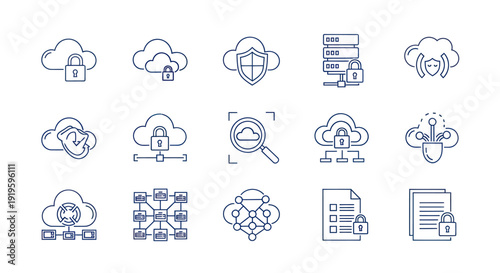 Cloud Security Icons: Data Protection, Network Security, Encryption & Privacy