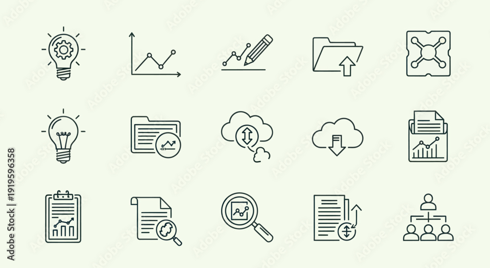 Fototapeta premium Business Analytics Icons: Data, Strategy, Growth, Cloud, and Organization