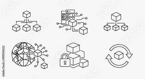 Blockchain Technology Icons: Network, Security, Data Flow, Global Connection