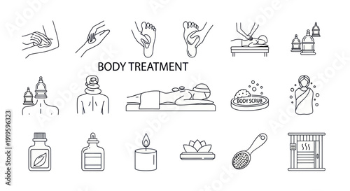 Body Treatment Icons: Spa, Massage, Wellness, Relaxation, Skincare, Health