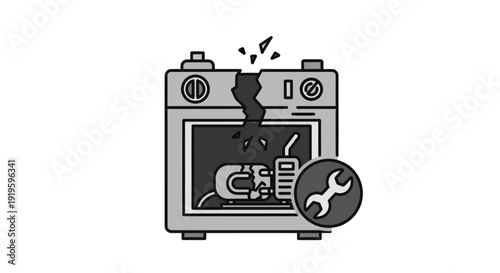Broken 3D Printer with Repair Wrench Icon, Technology Failure Concept