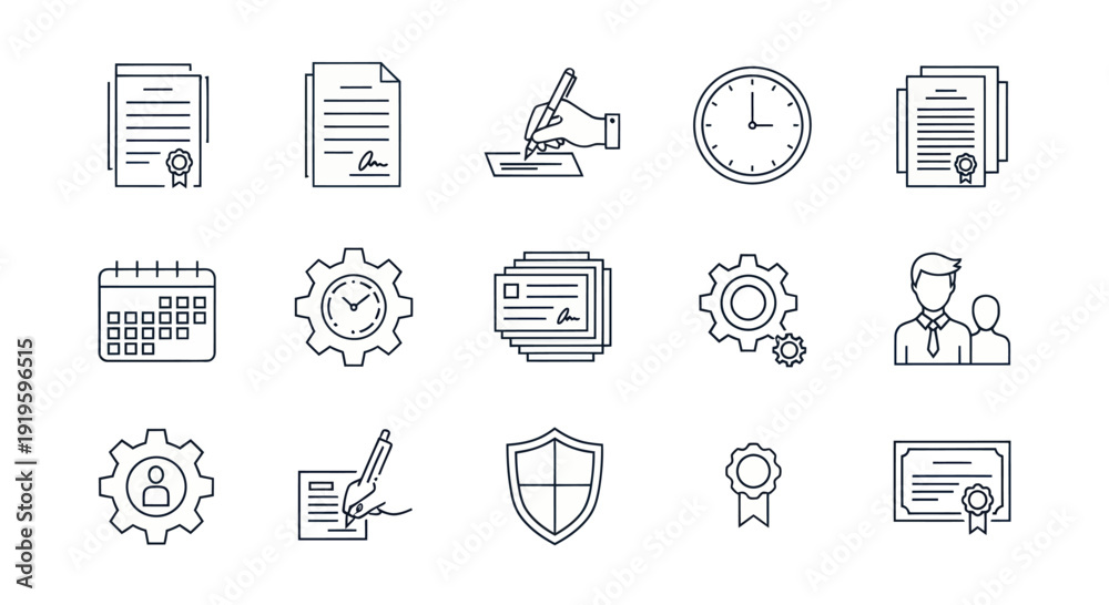 Fototapeta premium Business Icons Set: Contract, Time, Management, Strategy, Quality, Security