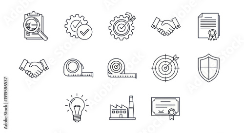 Business Icons: Quality, Strategy, Agreement, Certificate, Idea, Industry