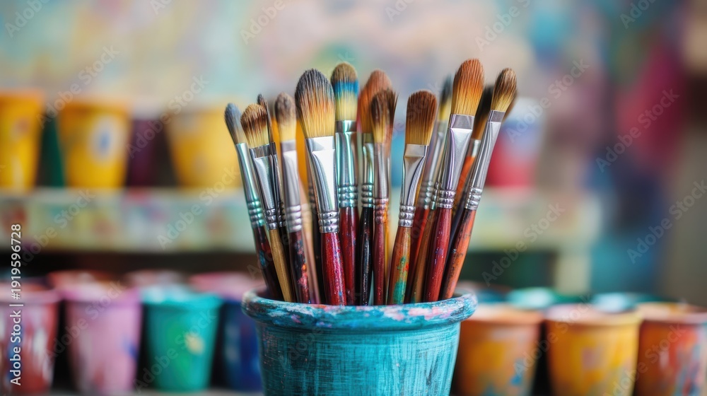 Fototapeta premium Colorful Paintbrushes in Blue Ceramic Pot, Artistic Supplies for Painting, Illustration, and Creative Projects, Studio Workspace.