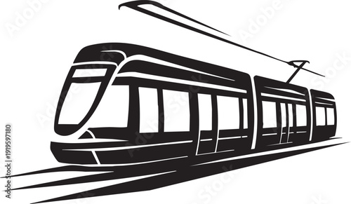 Old tram traveling through a busy city with urban public transport and railway tracks