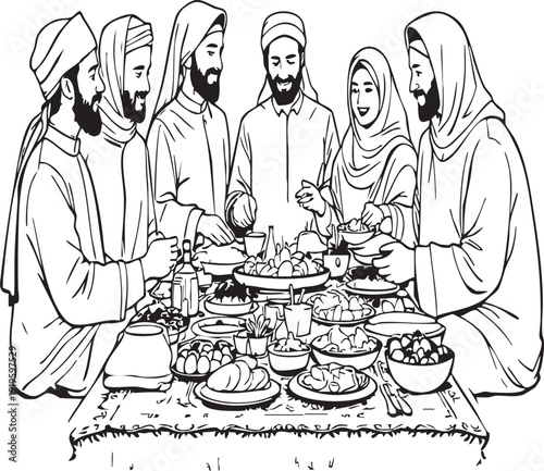 Middle Eastern vector illustration showing traditional meal gathering with cultural attire food sharing and festive spiritual unity