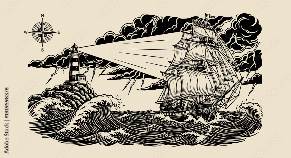 Φωτογραφία Vintage nautical illustration of a sailing ship navigating rough seas with a lighthouse beacon