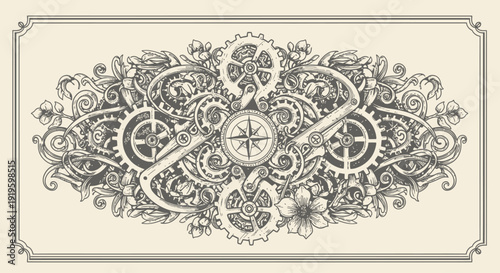 Intricate steampunk style mechanical gears and compass design in vintage illustration.