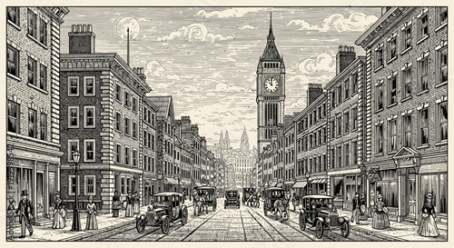 Vintage detailed illustration of a busy London street with Big Ben clock tower in the background.