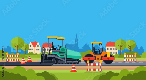 Road Construction Scene with Asphalt Paver and Steamroller Surrounded by Traffic Barriers and Trees