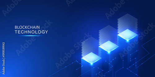 Blockchain technology concept with glowing isometric blocks and network lines on a dark blue background with copy space for digital data security.
