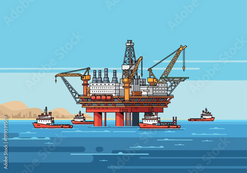 Offshore oil drilling rig with support vessels in the ocean, industrial marine oil and gas extraction platform
