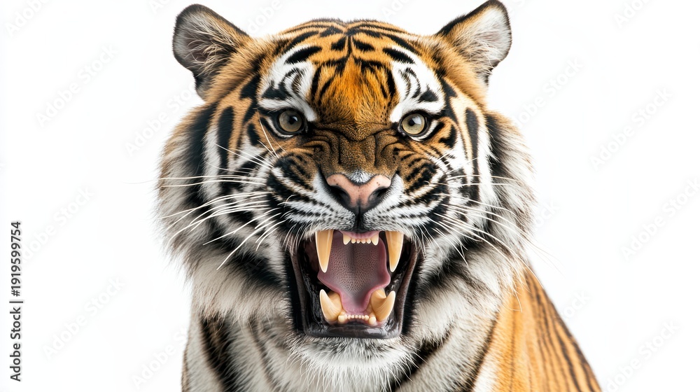 Obraz premium Intense Portrait of a Majestic Bengal Tiger Roaring with Powerful Fangs, Displaying Dominance and Raw Natural Strength.