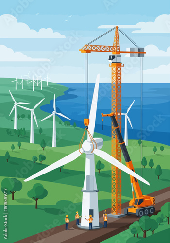 Dynamic construction of a modern wind energy turbine, symbolizing a commitment to a sustainable future and clean power generation in a vibrant, eco-friendly landscape