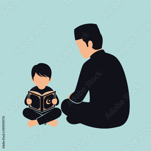 A Muslim father and child sitting on the floor, with the child reading from a holy book, symbolizing Islamic education and religious study.