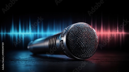 A microphone lies on a dark surface, surrounded by colorful sound waves in blue and red, creating a dynamic atmosphere typical of a professional recording studio setting.