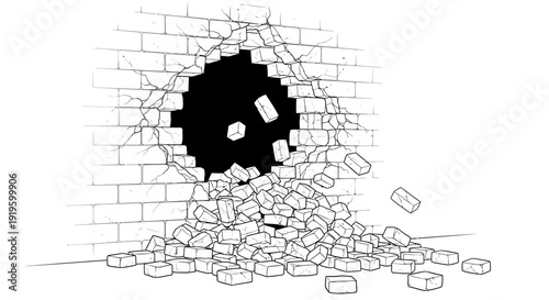 A detailed black and white line drawing illustrating a brick wall with a large hole and bricks falling out, symbolizing destruction or breakthrough.