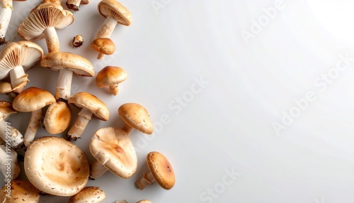Fresh organic mushrooms on white background with copy space