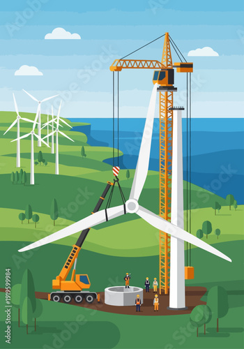 Renewable energy windmill construction and installation using cranes and workers on a grassy hill