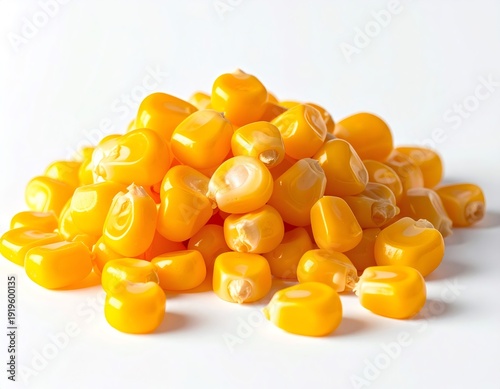 Pile of fresh yellow corn kernels on white