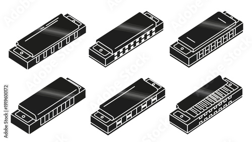 Set of Six Different Harmonica Musical Instruments Isolated on White Background