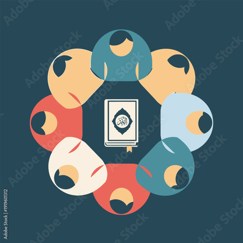 Stylized illustration of diverse people gathered in a circle around a holy book, likely the Quran, symbolizing community, study, and shared religious faith.