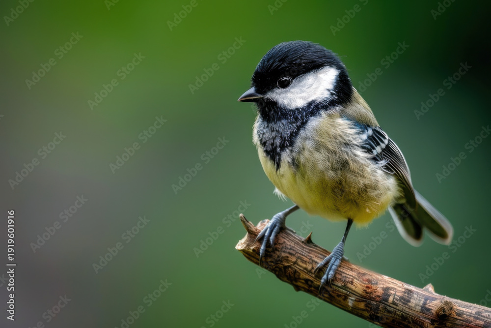 Fototapeta premium Mésange charbonnière (Parus major) perchée sur une branche, portrait naturaliste en lumière naturelle