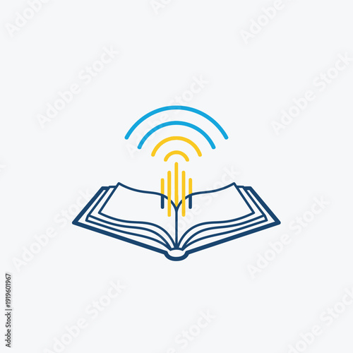 An open book with blue outlines emitting yellow sound waves and blue wireless signals, representing audiobooks, digital learning, or knowledge transmission.