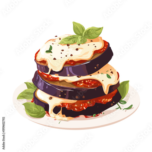 Minimalist 2D vector icon representation of a Eggplant Parmesan, displayed on a pure white background
