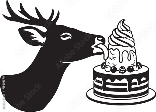 A deer eating a cake with frosting and berries Vector, illustration