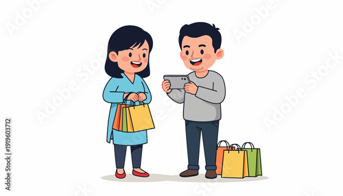 Couple sharing shopping finds on a smartphone surrounded by shopping bags.