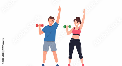 Fitness Duo Man and Woman Exercising with Dumbbells in Sync.