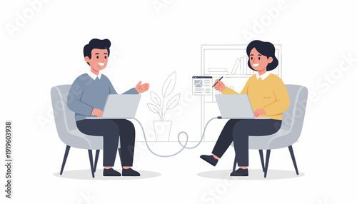 Two people collaborating remotely using laptops and digital connection.