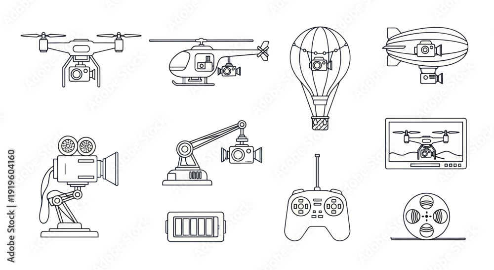 Fototapeta premium Aerial Surveillance and Cinematography Vector Icons - Drone, Helicopter, Blimp, Camera