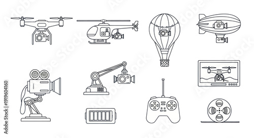 Aerial Surveillance and Cinematography Vector Icons - Drone, Helicopter, Blimp, Camera