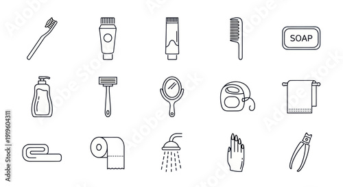 Bathroom Icons Set: Toothbrush, Soap, Razor, Towel, Toilet, Shower, Mirror