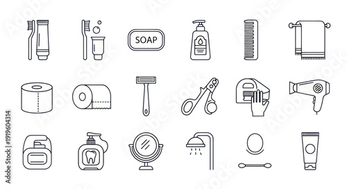 Bathroom Hygiene Icons Set: Toothbrush, Soap, Towel, Hair Dryer, Mirror