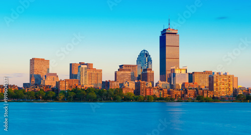 Evening panorama of Boston, cityscape viewed from Cambridge across the Charles River, Massachusetts, USA