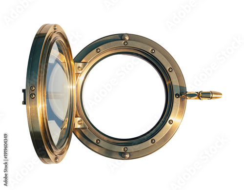 Open, circular brass porthole frame, glass lens, view through to a void