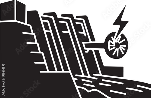 A black and white image of a dam with a wheel and lightning bolt Vector, illustration
