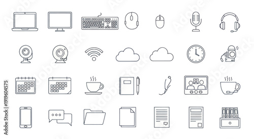 Technology Icons Set: Computer, Laptop, Cloud, Coffee, Calendar, Phone, Microphone