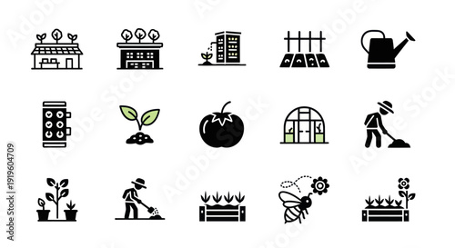 Urban Farming and Gardening Icons Set: Agriculture, Sustainability, Technology